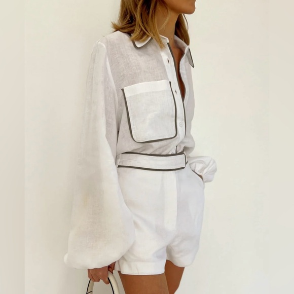 Commense White Cotton & Linen Contrast Trim Shirt. Size Medium. NWT - Picture 11 of 15